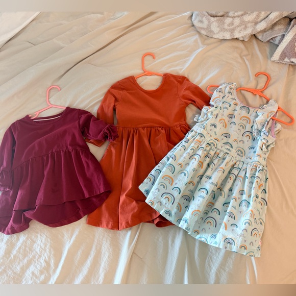Ruffle Butts Other - Ruffle Butts girls - Burgundy shirt, Orange dress, and Rainbow dress